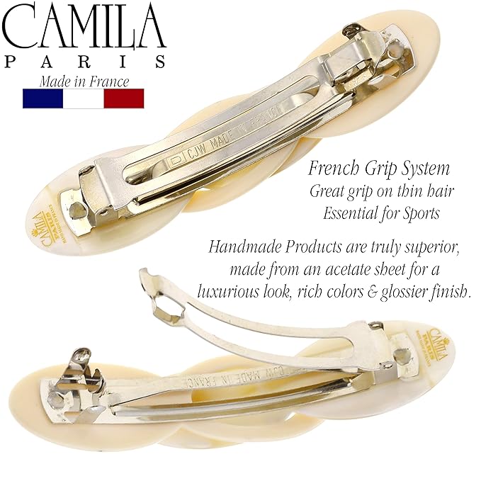 Camila Paris CP2337 French Hair Barrette Clip for Girls Handmade Cream Pearl, Metal Automatic Clasp Strong Hold Grip Hair Clips for Women, No Slip Durable Styling Girls Hair Accessories Made in France