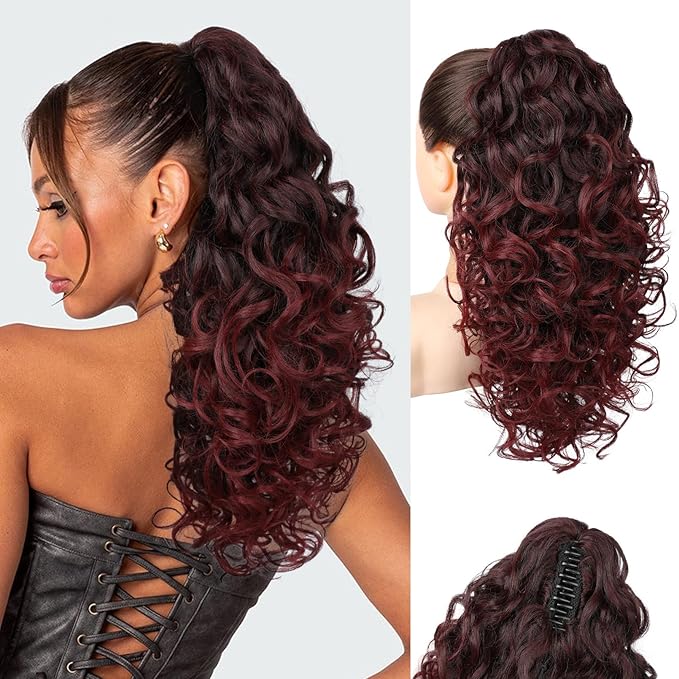 Flufymooz 100％ Pure Protein Ponytail Extension, 18 Inch Curly Claw Clip Ponytail Hair Extensions Natural Soft pony tail hairpiece for women-Wine Red