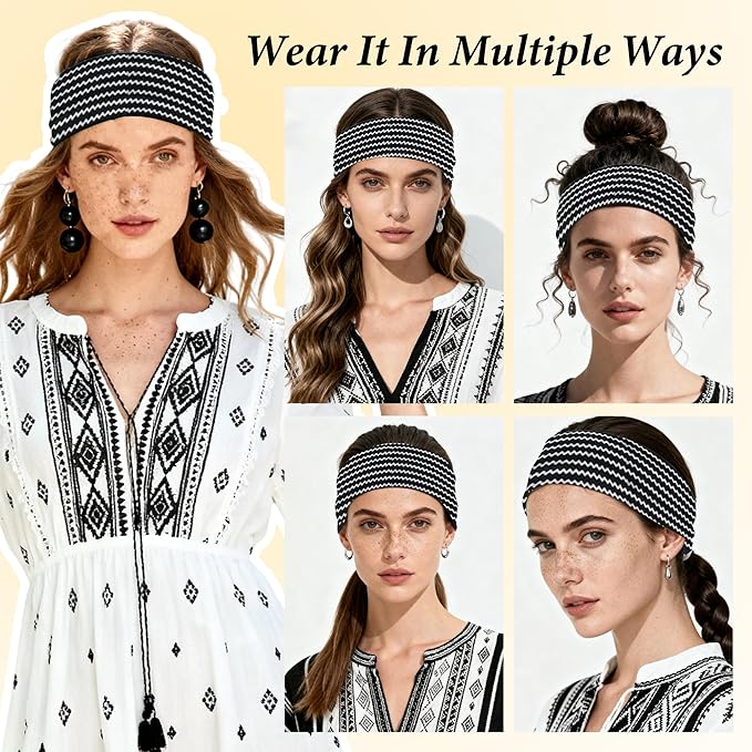 Boho Headbands for Women 6 Pack Non-Slip Fashion Elastic Hair Bands, Boho Head Bands Stretchy Soft Cloth Sweat Band, Workout Athletic Headbands for Yoga Running Gym Sports