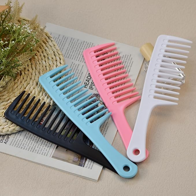 MODENGKONGJIAN 4PCS Wide Tooth Comb, Large Hair Detangling Comb Styling Comb for Curly, Wet, Long Hair with Handgrip (Black & Pink)