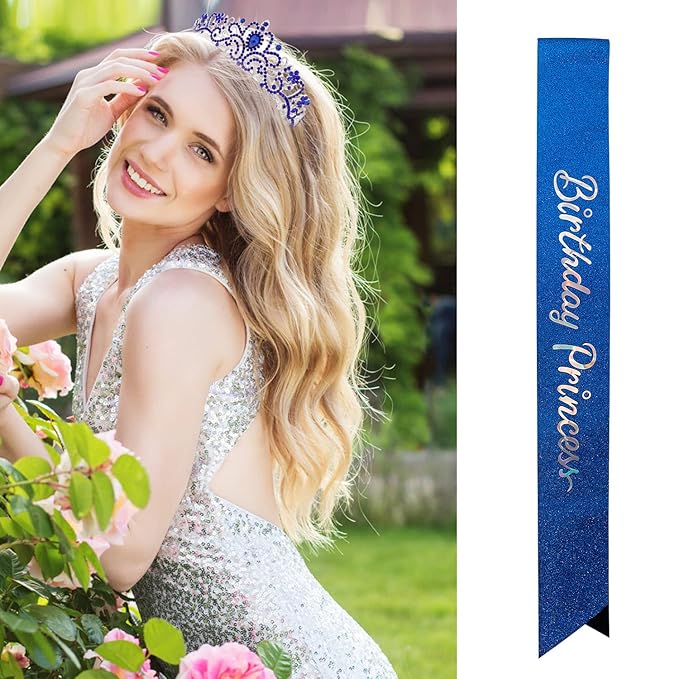 Velscrun Princess Crown, Tiaras for Girls, Blue Birthday Princess Sash for Girls, Birthday Girl Crown, Birthday Accessories for Girls, Princess Birthday Decorations, Princess Birthday Party Supplies