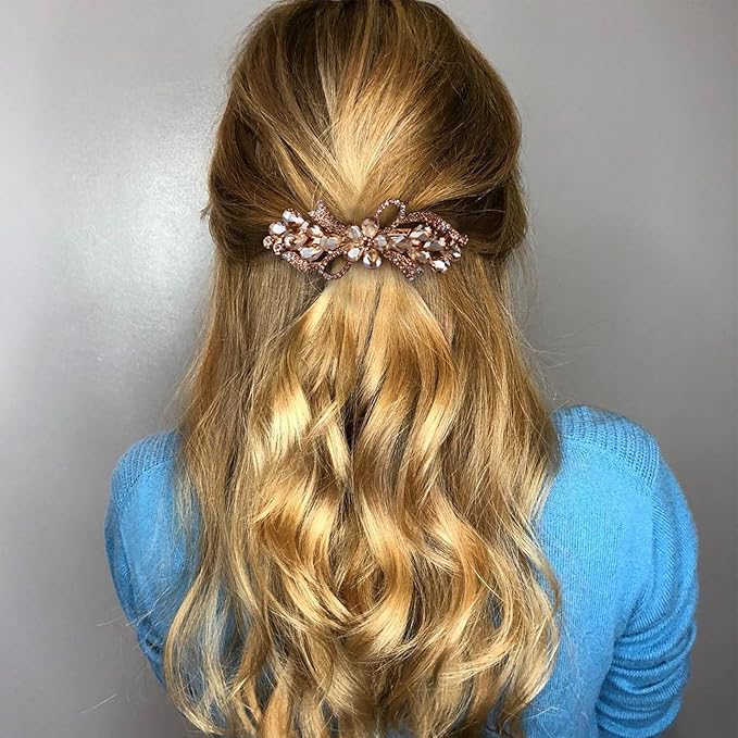 Joez Wonderful Rhinestone Hair Clip Sparkly Crystal Barrettes French Wedding Prom Engagement Pageant First Communion Hair Decorative Accessories for Women Long Hair (Bow Champagne 1 Pcs)
