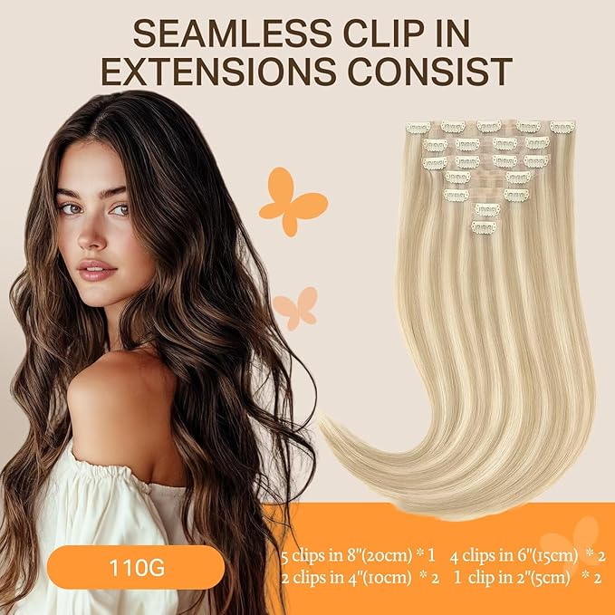 DOORES Human Hair Clip in Extensions, Dark Blonde Highlighted Bleach Blonde 22 Inch 110g 7pcs, Seamless Clip in Hair Extensions Real Human Hair Skin Weft Remy Straight Hair Invisi Edge Hair Extensions