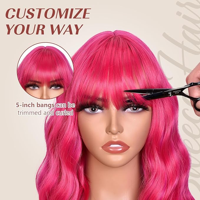 Bob Wig With Bangs Wave Wigs for Women 14 Inch Short Loose Wavy Heat Resistant Synthetic Wig Shoulder Length Hair for Daily and Cospaly Party Use (Rose mixed Purple)