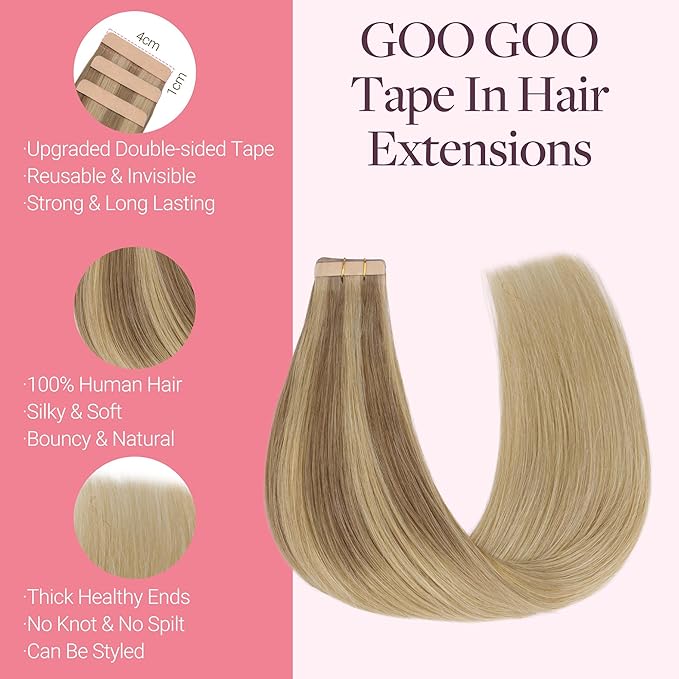 GOO GOO Tape in Hair Extensions Human Hair, #(T12A/18H) P18H Ash Beige Blonde Blend, 18inch 50g 20pcs, Skin Weft Seamless Invisible, Silky Straight with Thick Ends, Remy Human Hair