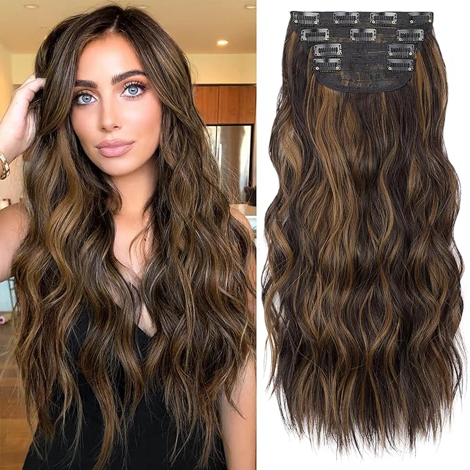 KooKaStyle Clip in Synthetic Hair Extensions Long Wavy 4PCS Thick Hairpieces Balayage Dark Brown to Chestnut Fiber Double Weft Natural Hair Extensions 16 Inch for Women