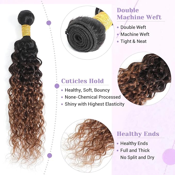 Ombre Bundles Human Hair Water Wave Chestnut Brown Ombre Water Wave Bundles T1B/2/30 Color 100% Real Human Hair Wavy Sew in Weft Weave 14 16 18 Inch