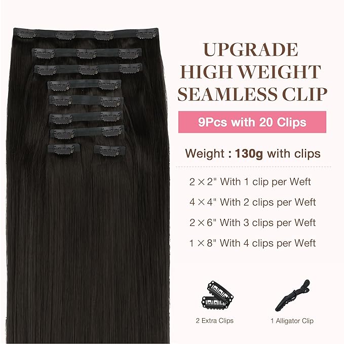 GOO GOO Clip in Hair Extensions Real Human Hair, Remy Human Hair Extensions Clip ins for Women, Natural Human Hair, 18inch 170g 9Pcs, #2 Dark Brown