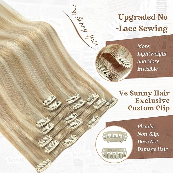 Ve Sunny Clip in Human Hair Extensions Blonde Highlighted Clip in Hair Extensions Real Human Hair Highlight Blonde Clip on Hair Extensions for Women Easy Apply 7pcs 120g 22 inch