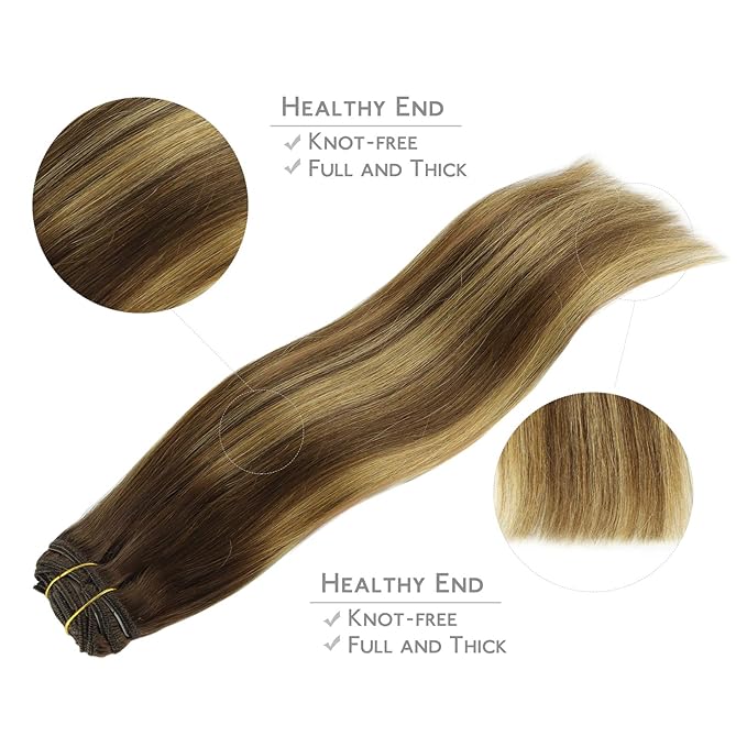 WENNALIFE Clip in Hair Extensions, 150g 22 Inch 9pcs Balayage Chocolate Brown to Caramel Blonde Human Hair Extensions Thicker Clip in Hair Extensions Real Human Hair Clip Set Double Weft