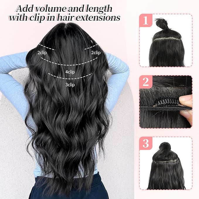 KooKaStyle Clip in Hair Extensions 4PCS Long Wavy Natural & Soft Hairpieces for Women 20 Inch for Women(Natural Black Pink)