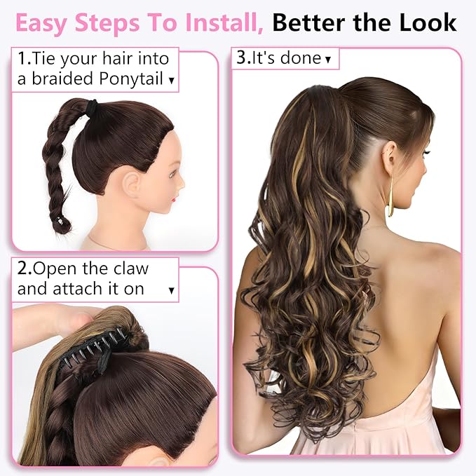 ALXNAN Ponytail Extension,24 Inch Claw Clip in Long Curly Wavy Dark Brown with Golden Blonde Ponytail Hair Extension Jaw Clip on Pony Tails Hairpiece for Women
