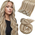 Moresoo Clip in Hair Extensions Real Human Hair Double Weft Human Hair Clip in Extensions Straight Light Brown Highlight with Blonde 5pcs 80g 20inch