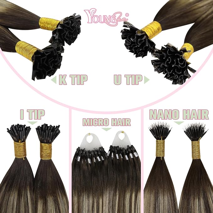 YoungSee Ktip Hair Extensions Ombre Dark Brown with Ash Blonde K Tips Hair Extensions Human Hair Ombre 24In 1G/S 50G