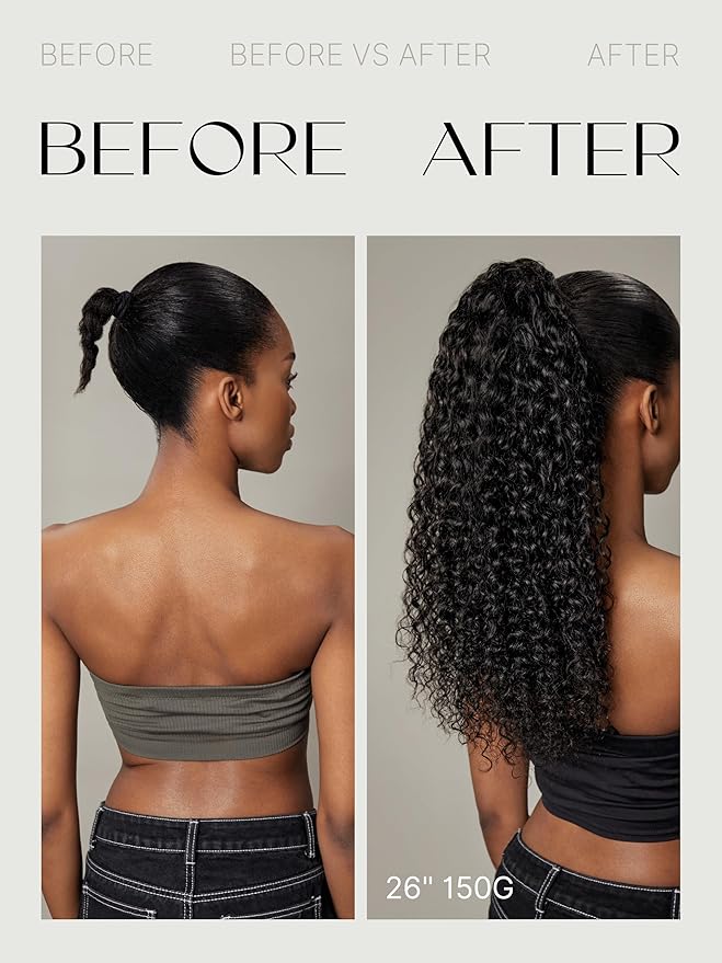 Frodio Clip in Ponytail Extension Human Hair for women 22 Inches Long Water Wave Curly Extension Ponytail Natural Color
