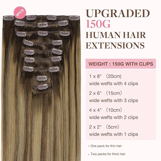 GOO GOO Clip in Hair Extensions Real Human Hair, Remy Human Hair Extensions Clip ins for Women, Natural Human Hair, 24inch 150g 9Pcs, #4/27/4 Balayage Chocolate Brown to Caramel Blonde