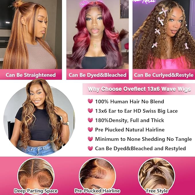 30 Inch 13x6 Lace Front Wigs Human Hair 200 Density P4/27 Highlight Ombre Body Wave HD Lace Front Wigs Human Hair Pre Plucked