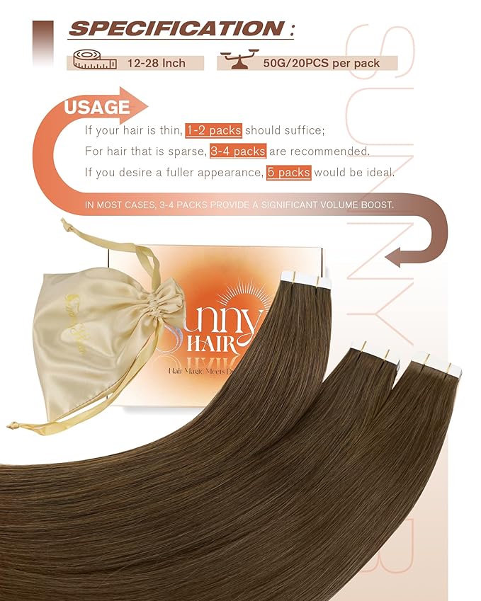 Sunny Hair Human Hair Tape in Extensions, Cool Brown Tape in Hair Extensions Human Hair 24 inch Straight Remy Tape in Human Hair Extensions 20Pcs 50g