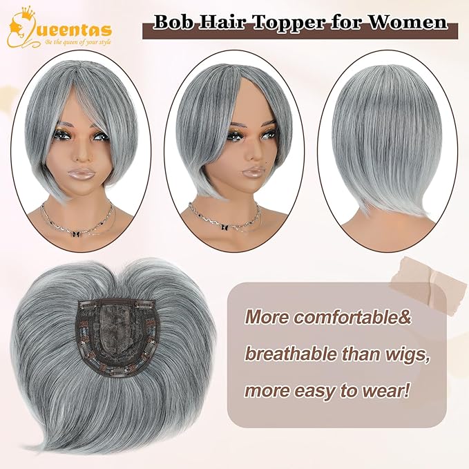 QUEENTAS Silver Hair Topper for Women with Thinning Hair Pieces 6"*6"Large Coverage 360°3D Cover Silver Synthetic Short Bob with 5 Clips in Wiglets(Gray with Black)