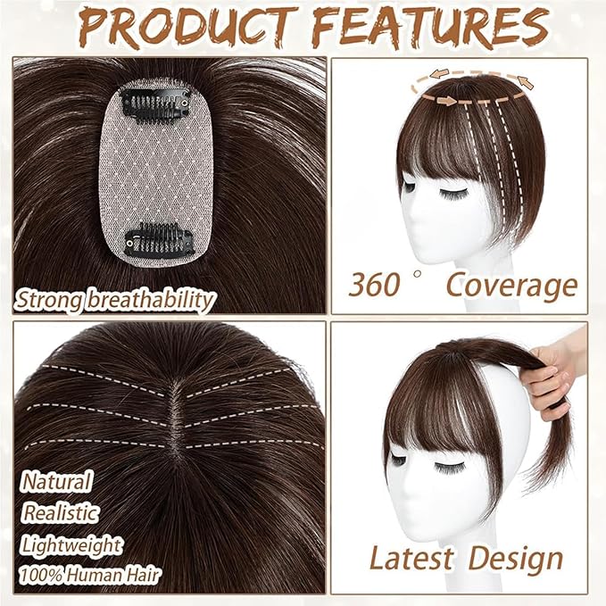 Amchoice Hair Toppers for Women Real Human Hair, Bangs Hair Clip 360° 3D Cover Bangs, Human Hair Toppers for Women Daily(Mocha, 3D Wispy Bangs (5 * 9))