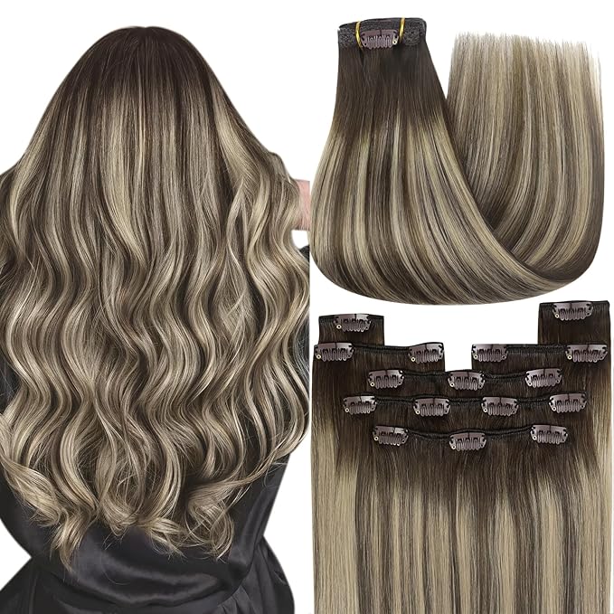 YoungSee 150G Clip in Hair Extensions Real Human Hair Brown Balayage Clip in Human Hair Extensions Chocolate Brown with Ash Blonde Balayage Clip ins Real Hair Extension Easy to Install 22inch 7pcs
