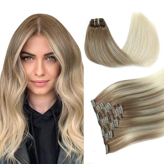 PINKPEARL Human Hair Clip in Hair Extensions 18inch #8T60 Ash Brown to Platinum Blonde Balayage Clip in Hair Extensions Real Human Hair 7pcs 120g Natural Remy Human Hair(#8T60-18)