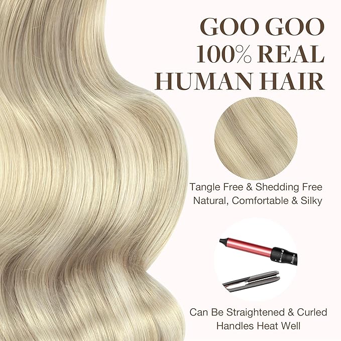 GOO GOO Tape in Hair Extensions Human Hair, 17A/60A Ash Blonde Highlighted Platinum Blonde, 12inch 80g 40pcs, Skin Weft Seamless Invisible, Silky Straight with Thick Ends, Remy Human Hair
