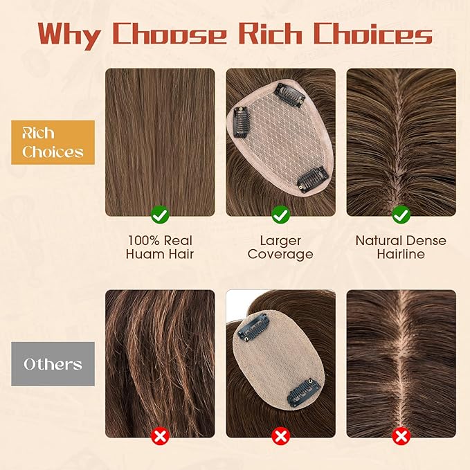 Rich Choices Human Hair Toppers for Women-100% Real Remy Hair Topper with 3D 360°Bang-Upgraded 150% Density 9 * 12CM Lace Base-Clip in Hairs topper for Thinning Hairs-14Inch #2 Dark Brown