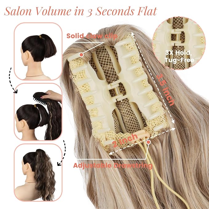 Claw Wavy Ponytail Extension 18" for Women Curly Pony Tail Clip in Hair Extensions Shoulder Length Fluffy Natural Looking Synthetic Hairpiece for Daily Use (Blonde to Light Blonde)