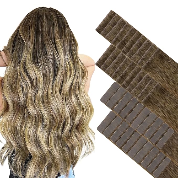 GOO GOO Invisi Edge Tape in Hair Extensions Human Hair, 3/8/613 Walnut Brown to Ash Brown and Bleach Blonde 20pcs injected with 20pcs classical tape ins, 24inch 100g, Virgin Remy Hair, Natural Look