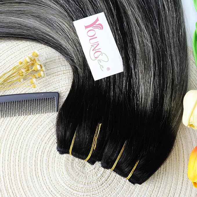YoungSee Wire Hair Extensions Real Human Hair Ombre Secret Wire Human Hair Extensions Balayage Black with Silver Natural Fish Line Hair Extensions Human Hair 14In 80G