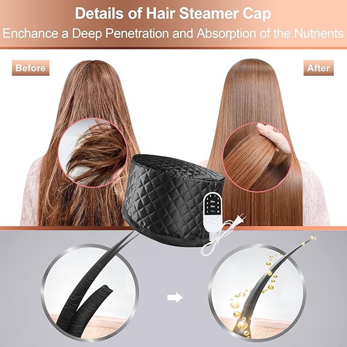 Heat Cap for Deep Conditioning, Ingeware Thermal Cap for Hair Steamer Cap for Natural Hair Portable Electric Heat Hair Spa Cap for Home Use Pattern (Solid Black)