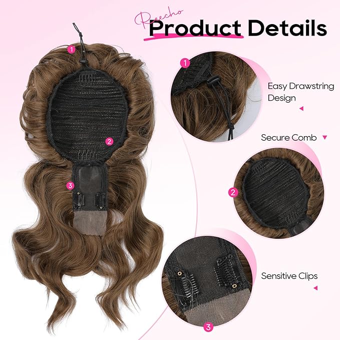 REECHO Messy Bun Hair Piece with Bangs – 2-in-1 Drawstring Ponytail Extension Updo Wig & Hair Topper with Long Side Bangs, Natural-Looking Hair Bun Hairpieces for Women - Light Brown