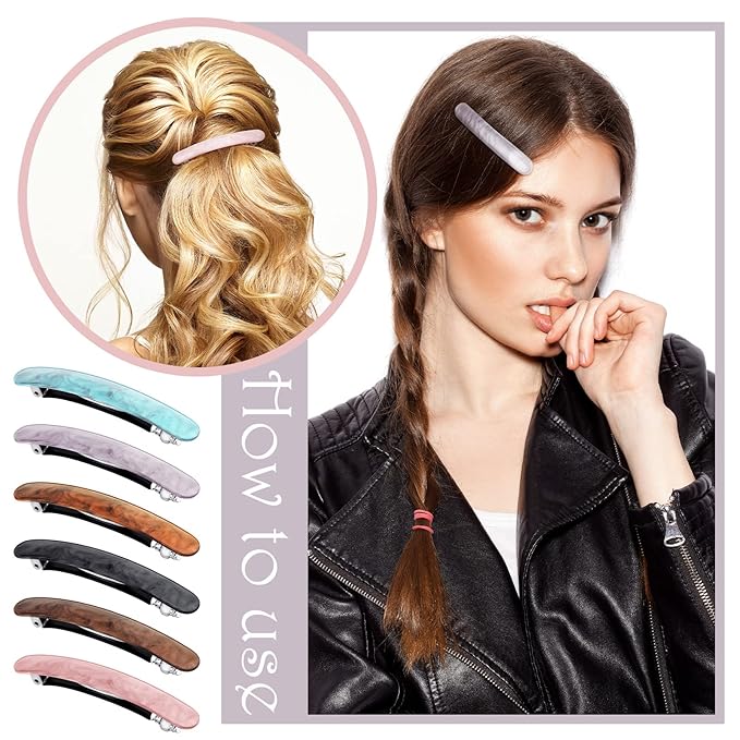12 Pieces Hair Barrettes for Women Tortoise Shell Acetate French Skinny Clip Automatic Ponytail Barrettes for Women Fine Thin Hair Accessories(Elegant Color)