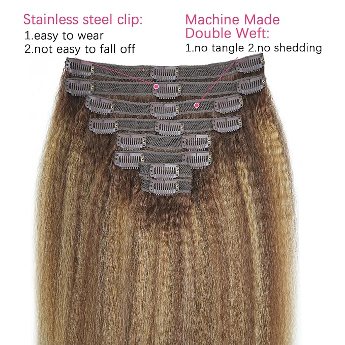 Kinky Straight Clip in Hair Extensions Real Human Highlight Clip ins For Women Unprocessed Clip on Hair Extensions(16inch,#4/27/4)