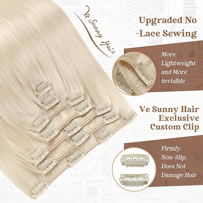 Ve Sunny Blonde Clip in Hair Extensions 22inch Platinum Blonde Human Hair Extensions Clip ins Long Hair Clip in Human Hair Extensions Color 60 Add Hair Length 7pcs 120g