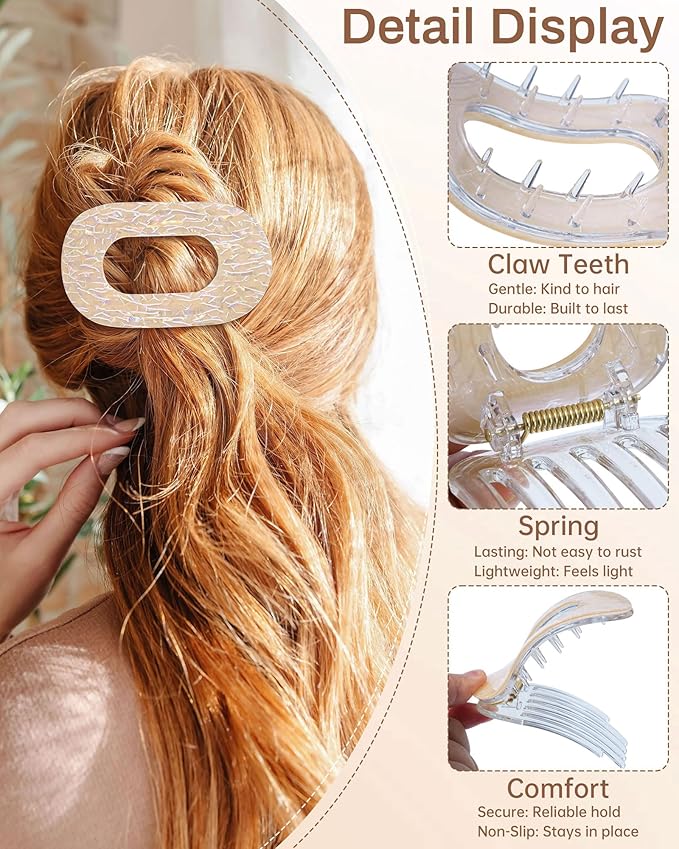 Mesovor 4 Pack French Flat Hair Clips for Women, 3.74" Nonslip Stylish Round Duckbill Lay Flat Hair Claw | Side Slide Volume Flat Hairclips for Lying Down, Yoga, Driving (Mermaid Crack)