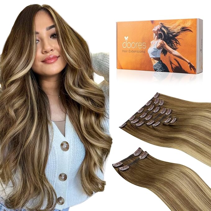 DOORES Hair Extensions Clip in Human Hair, Medium Brown Highlighted Dirty Blonde 16 Inch 150g 9pcs, Remy Human Hair Extensions Real Human Hair Straight Thick Extensions