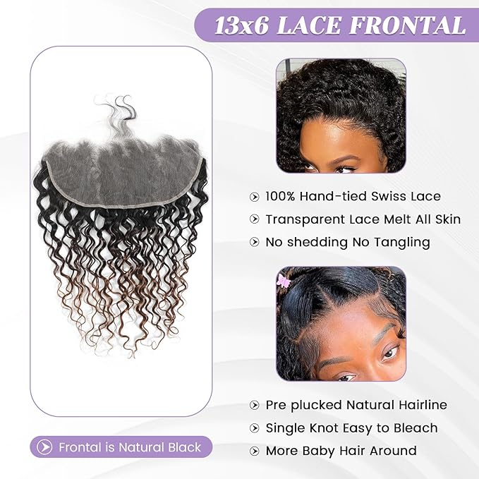 T1B/2/30 Ombre 13x6 Water Wave Lace Frontal 100% Real Human Hair 14 Inch Chestnut Brown Ombre Water Wave Transparent Lace Frontal