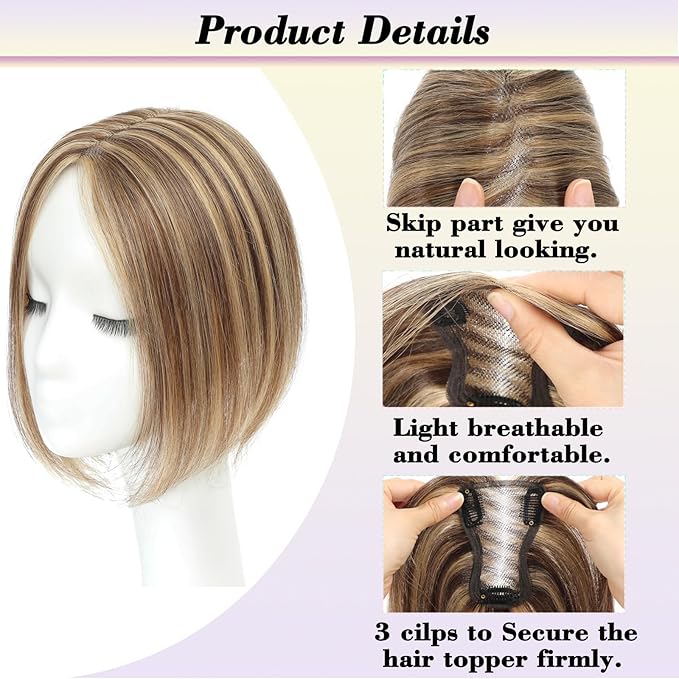 Hair Toppers for Women Human Hairpieces for Women with Thinning Hair 10 Inch Topper Hairline(Medium Brown Mix blonde).