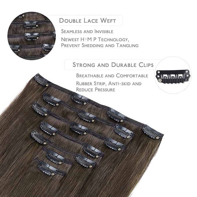 WENNALIFE Clip in Hair Extensions Real Human Hair, 22 Inch 120g 7pcs Human Hair Extensions Clip In Human Hair, Cool Dark Brown Clip In Real Hair Coloured Remy Human