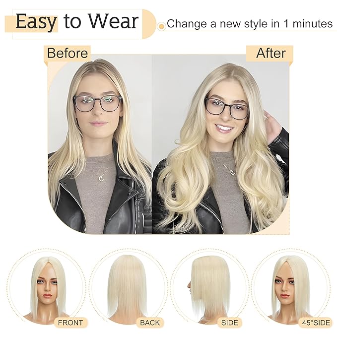 SEGO Human Hair Toppers for Women With Thinning Hair, 7 * 13CM Silk Base 100% Real Human Hair Clip in Top Wiglet Hairpieces //10 Inch No Bangs Platinum Blonde