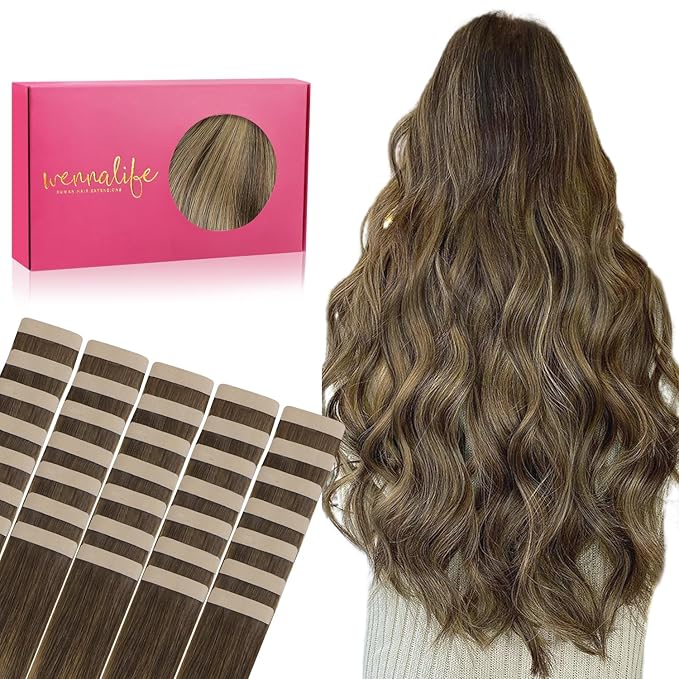 WENNALIFE Tape in Hair Extensions Human Hair, 40pcs 120g 26 inch Balayage Chocolate Brown to Caramel Blonde Remy Hair Straight Invisible Reusable Real Hair Extensiones De Cabello Humano Skin Weft