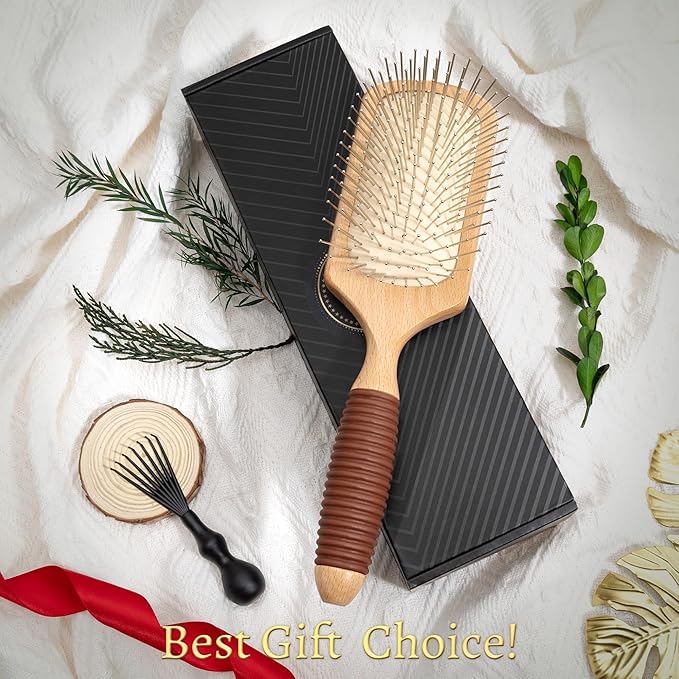 BFWood Paddle Hair Brush with Steel Bristles, Metal hair brush, Help Hair Growth and Massaging Scalp, Anti-frizz Metal Detangling Brush Styling Hairbrush