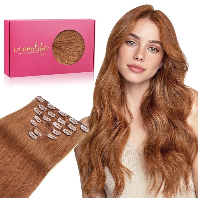 WENNALIFE Clip in Hair Extensions Real Human Hair, 24 Inch 120g 7pcs Cinnamon Terra Copper Remy Hair Natural Double Weft