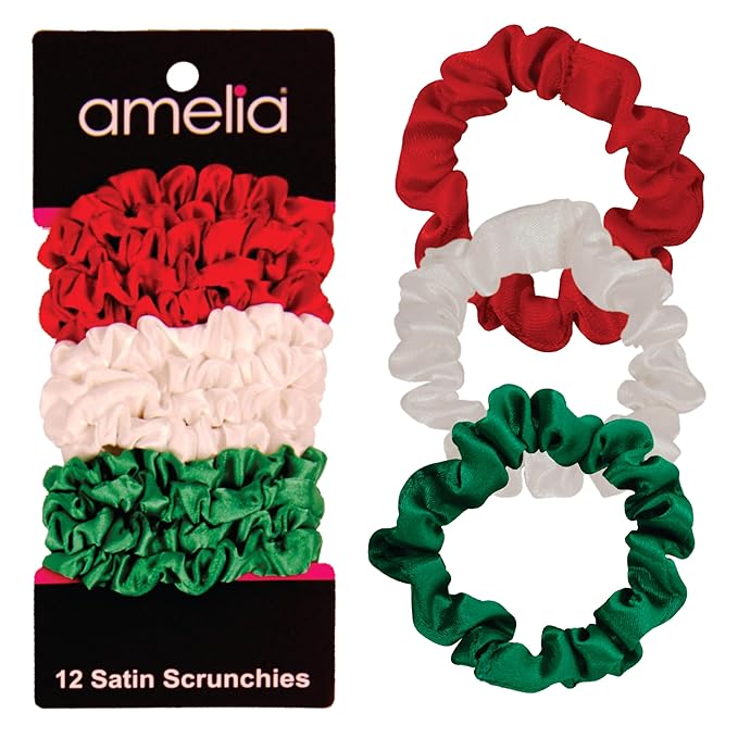 Amelia Beauty, Red, White and Green Satin Small Scrunchies, 12-Pack – No Damage Hair Ties for Women, Gentle & Durable Hair Accessories, 2.5in x 0.5in