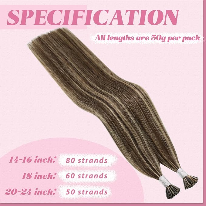 YoungSee Itip Hair Extensions Real Human Hair Brown I Tips Hair Extensions for Women Highlight Dark Brown and Blonde Tip Hair Extension Real Human Hair Long 24In 50g 50s