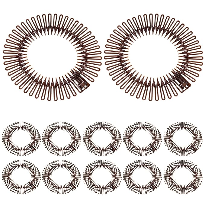12 PCS Stretch Full Circular Stretch Comb Hair Bands, Comb Headbands for Women, Fashion Makeup Non slip Toothed Hairs Clip, Hair Wrap Holder for Lady and Girls Brown
