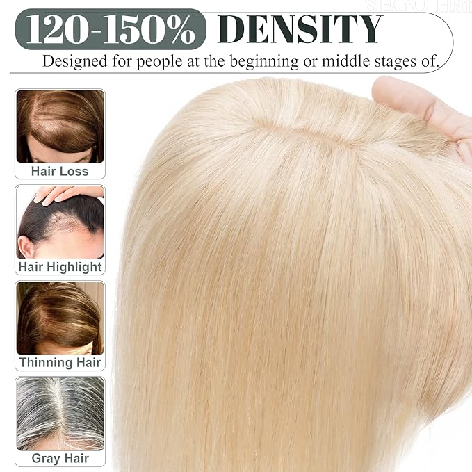 SEGO Hair Toppers for Women Real Human Hair with Thinning Hair, Toppers Hair Clip in Toppers with Front Bangs 150% Density Silk Base -14 Inch #18/613 Ash Blonde Mix Bleach Blonde