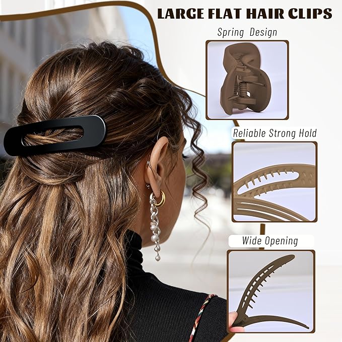 4 Pcs Flat Hair Clips for Women - Large Matte Flat Claw Clips for Thin Hair, Stylish Hair Accessories for Daily Styling, Matte Series (Deep Red, Black, Coffee, Dark Brown)